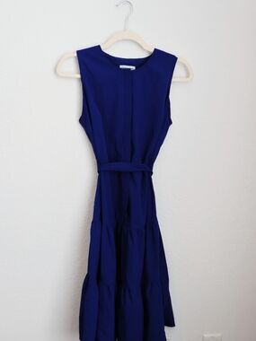 Calvin Klein Sleeveless Cobalt Blue Belted Tiered Maxi Dress